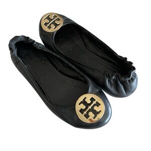 Tory Burch Minnie Ballet Flats Black Leather Gold Logo Slip-On Women's Size 7